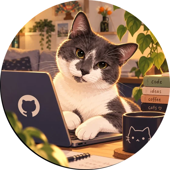 Illustration of Boba, a gray and white cat, at a laptop
